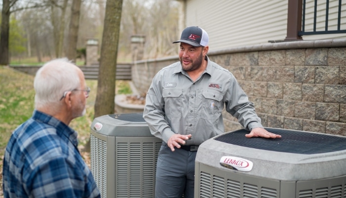 Hvac Technician With Customer And Condensor Hvac Technician With Customer And Condensor