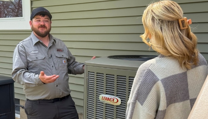 Hvac Worker With Customer And Hvac Unit